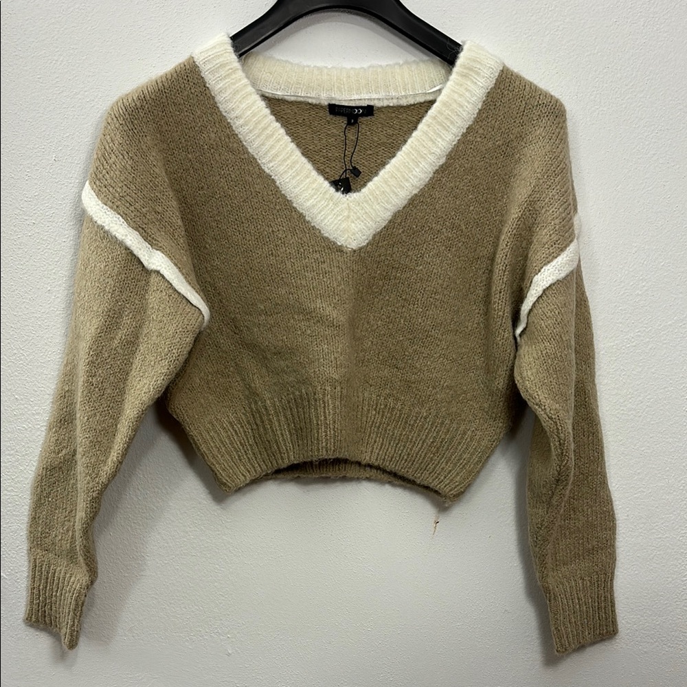 NWT Papermoon Soft Knit V-Neck Pullover Crop Sweater - Tan & Cream - Boutique